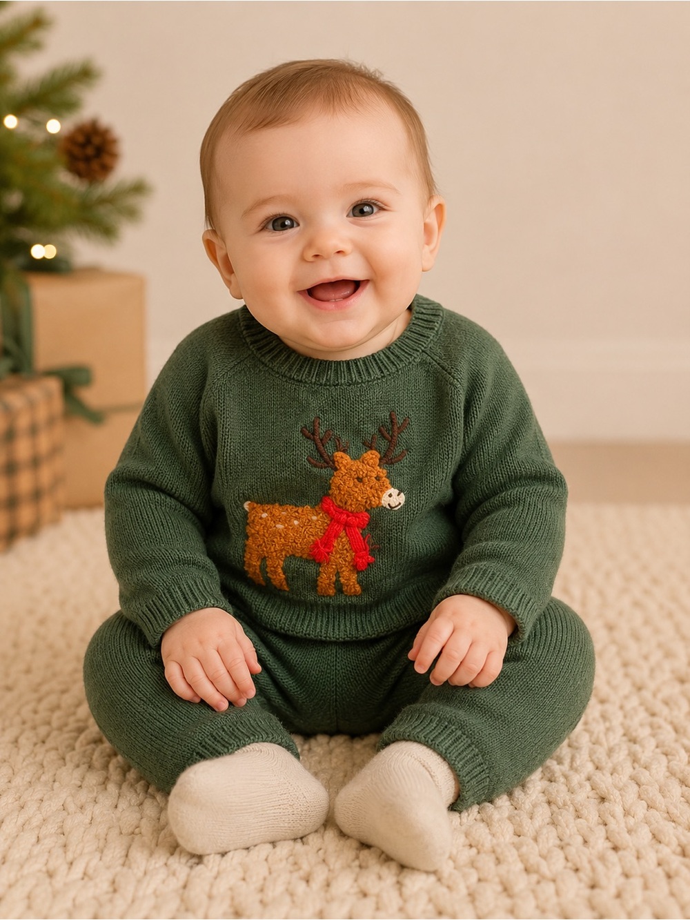Little Me •NWT Baby Knit Reindeer Sweater Set - Forest Green with Tan Reindeer